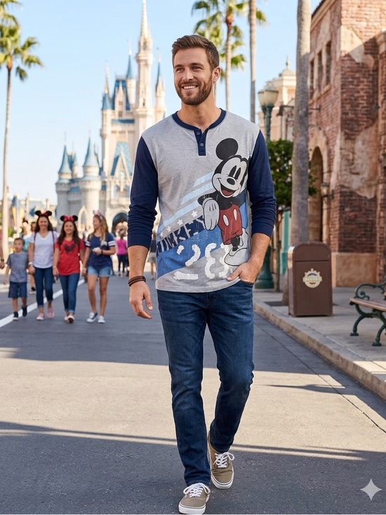 Disney Other - Disney Parks Mickey Mouse Graphic Henley Shirt Men’s Lg Gray Blue Long Sleeve